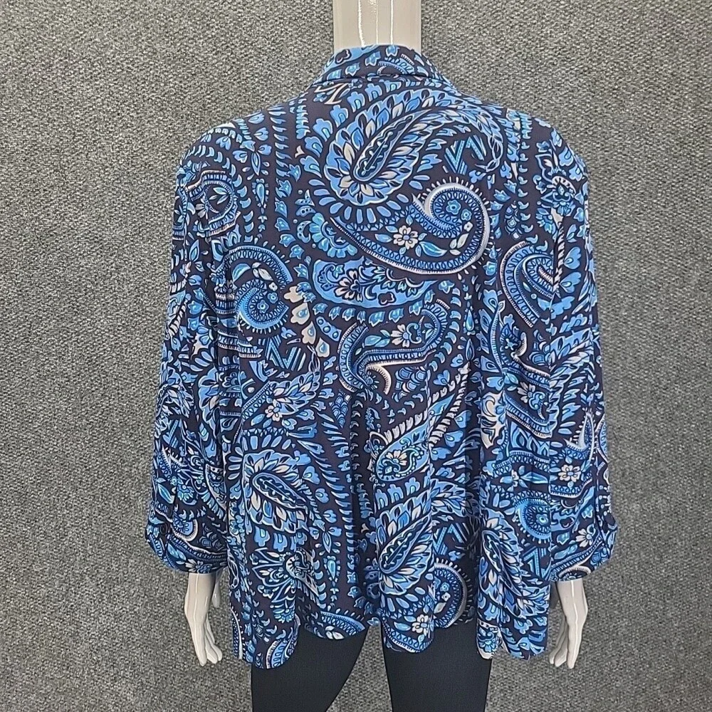 Joan Rivers Paisley Jersey Knit 3/4 Sleeve Blazer Pockets 3X Plus Sz Blue Jacket